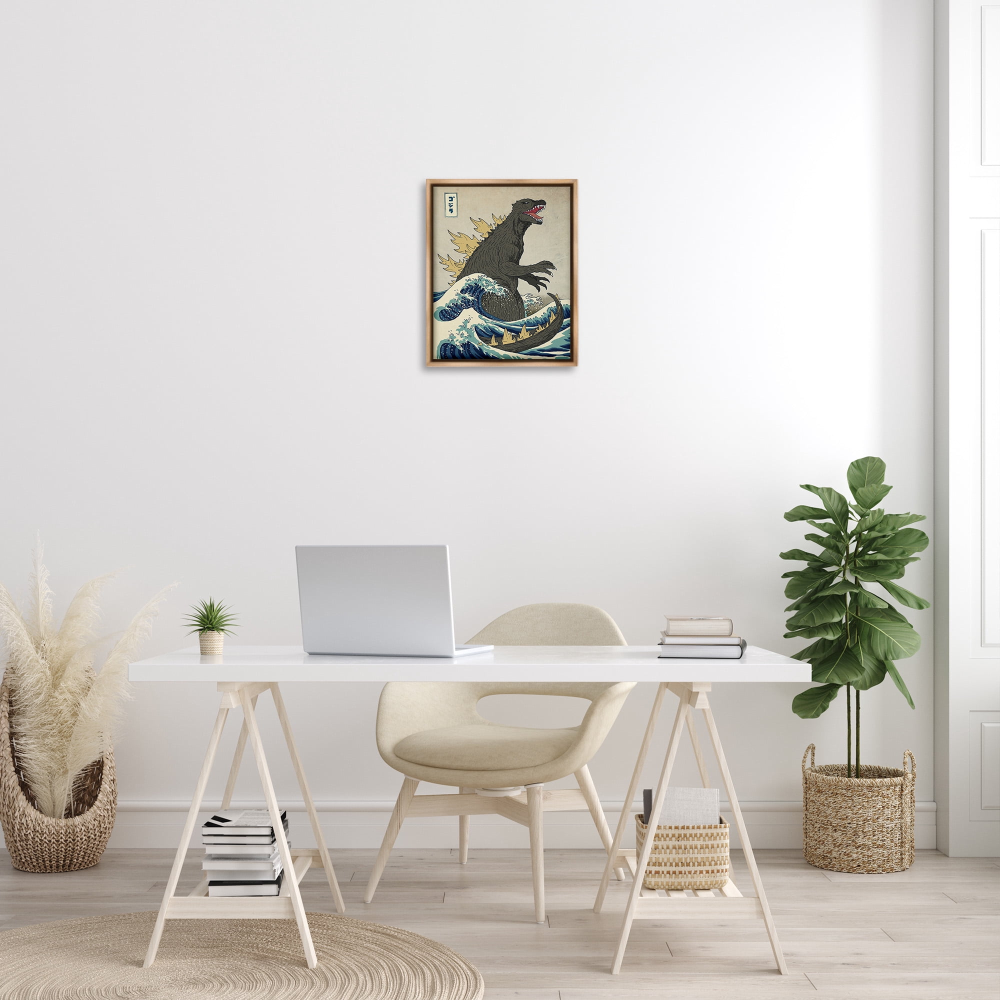 Stupell Industries Nautical Godzilla Eastern Style Illustration Fairy Tales & Fantasy Painting Brown Floater Framed Canvas Art Print Wall Art, 17 x 21