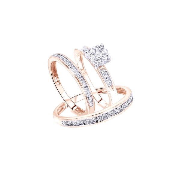 AFFY White Natural Diamond Wedding Trio Ring Set In 10k Rose Gold (0.75 Cttw)