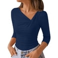 thumbnail image 2 of GILIGEGE Womens Asymmetrical Long Sleeve Fall Shirt Going Out Top Work Blouse,Ruched Slim Fit T-Shirts,Comfy Stretchy Y2K Clothes 2026 Fashion V Neck Basics Business Casual Outfits Dark Blue M, 2 of 4