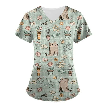 

Women s Casual Loose Scrub_Tops Clearance Work Blouses Cute Fox Graphic Pattern Tees 2023 Summer Tunic V Neck Nurse Uniform T Shirt Vintage Short Sleeve Western Shirts Mint Green XL