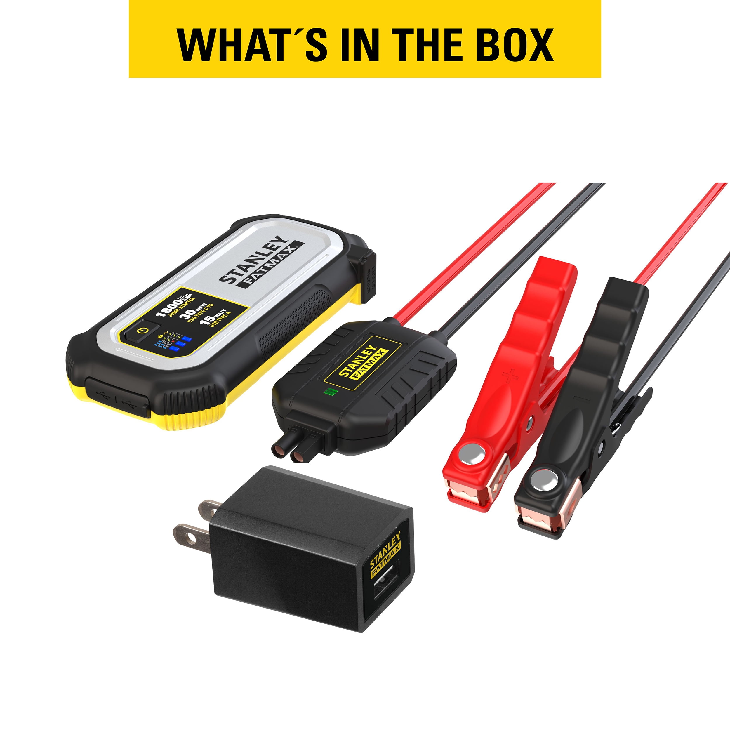 Stanley FatMax 1800A Lithium Jump Starter with 30W USB C PD In Out and 15W USB A Out Includes Clamps