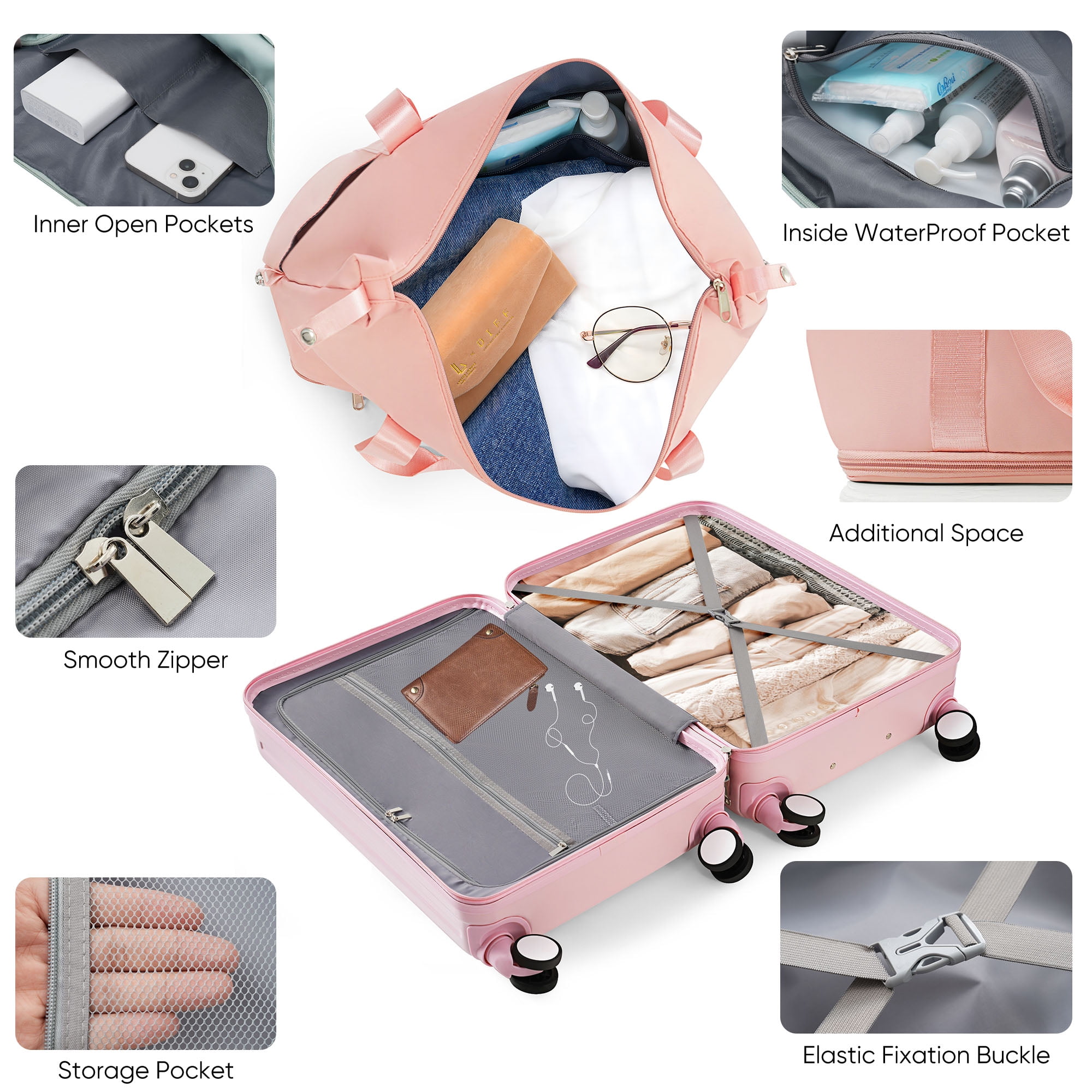 LoLado Front Opening 20in Carry-on Luggage with Expandable Travel Bag Set, ABS Hard Shell Two-piece Travel Suitcase Set with USB Port, Cup Holder, Pink