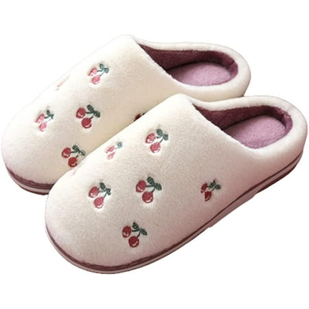 

DanceeMangoo Women Fluffy Faux Fur Warm Slippers Winter Anti-slip Soft Strawberry Print House Shoes Indoor