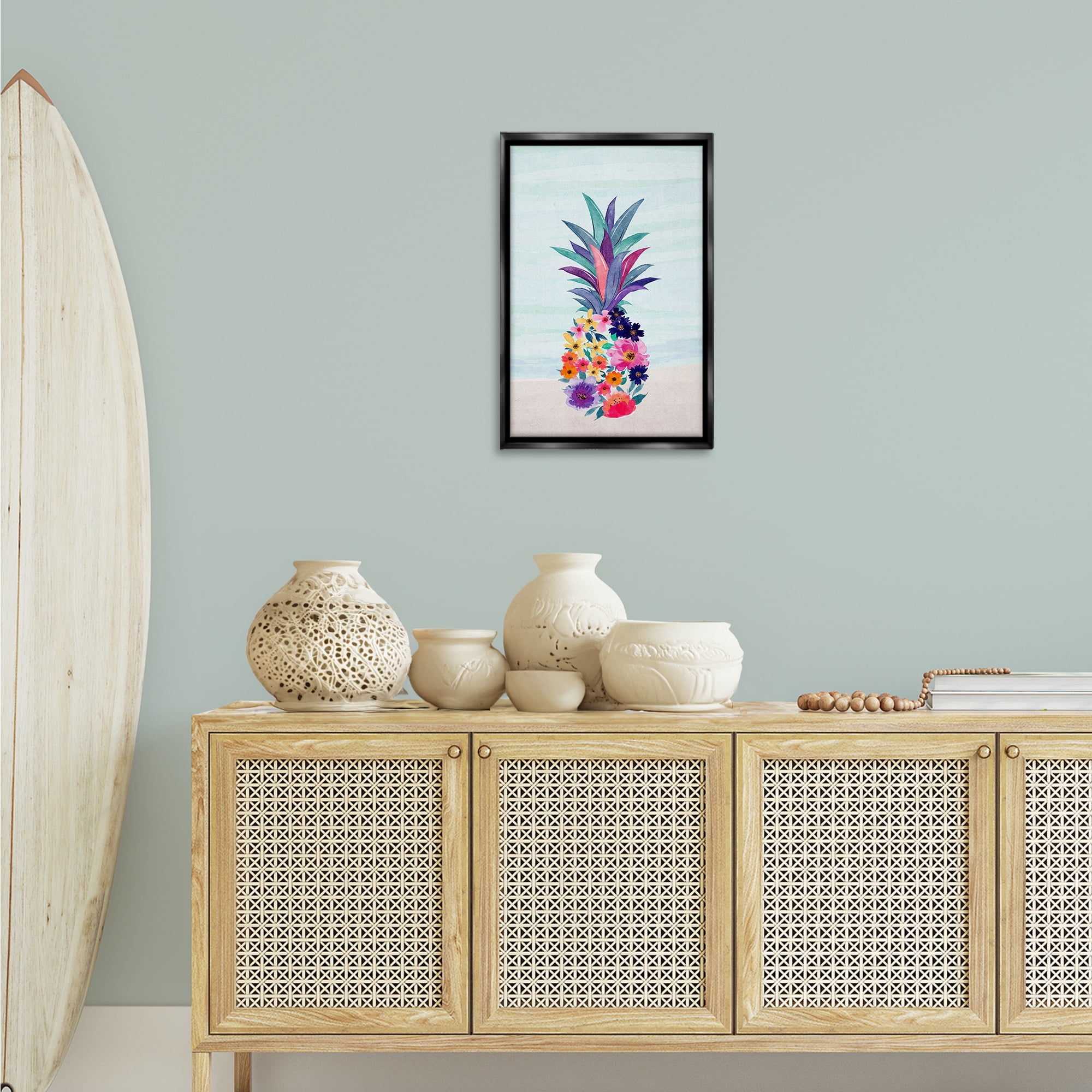 Stupell Industries Floral Pineapple Beach Plants & Flowers Painting Black Floater Framed Canvas Art Print Wall Art, 17 x 25