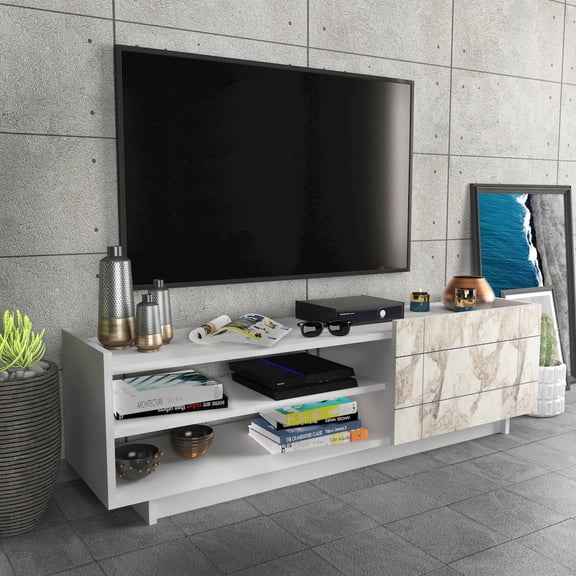 Valantina 55" Modern Engineered Wood TV Stand, White & Marble, Melamine
