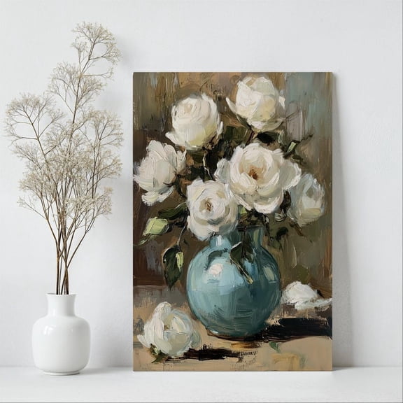 Velto White Roses Canvas Wall Art Vintage Impressionist Floral Artwork Elegant Botanical Decorative Home Design, SIZE 8x10 INCLUDE Pine Wood Frame 1.25-Inch