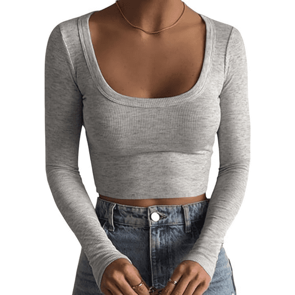 Women's Square Neck Long Sleeve Ribbed Slim Fitted Casual Basic Crop Top Grey S