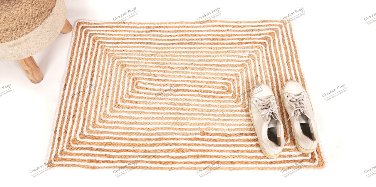 Rectangle Rug Natural Jute Rug Hand Braided Beige and White Color Scalloped Area Rug
