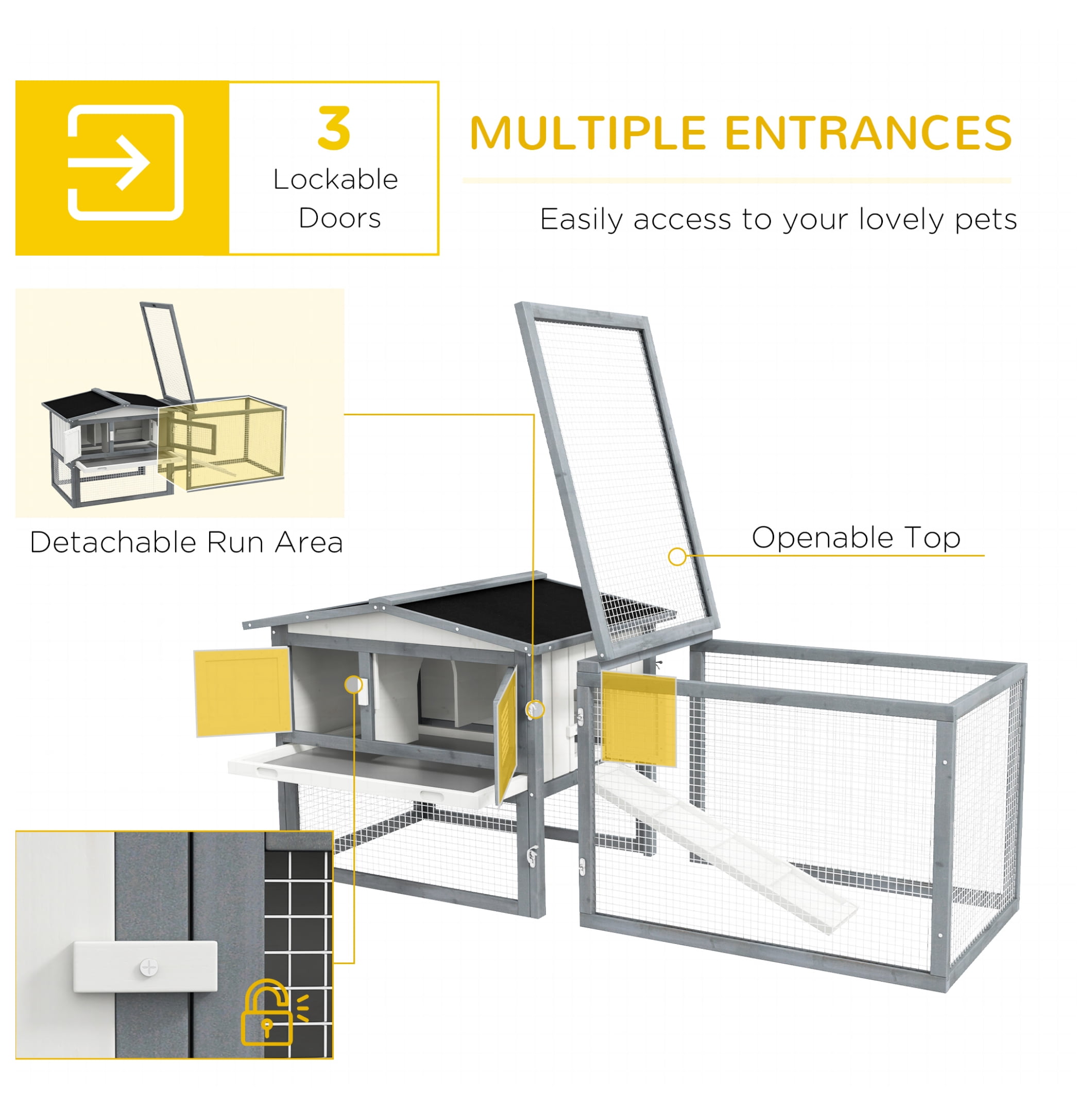 Rabbit Hutch Outdoor 2-Tier 61" L Wooden Cage for Rabbits Guinea Pigs - White