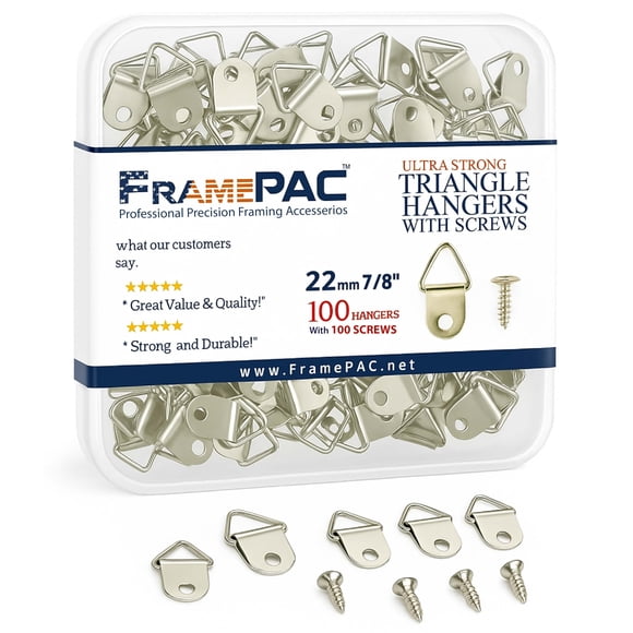FramePac - Perchas triangulares pequeñas con tornillos [100 piezas] - (también conocido como hardware para colgar cuadros, ganchos para colgar cuadros, ganchos para colgar cuadros)