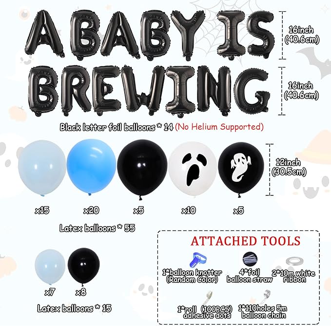 84Pcs a Baby Is Brewing Halloween Baby Shower Decorations Blue Black a Baby Is Brewing Foil Balloons Banner Ghost Balloon Garland Arch Kit for Halloween Themed Baby Shower Party Decor Supplies