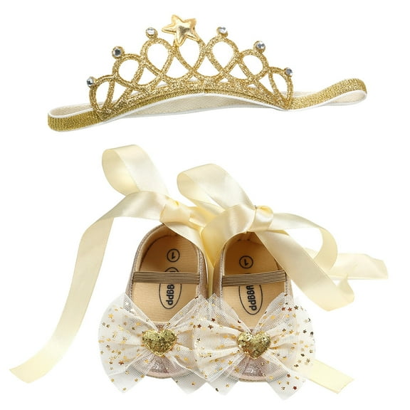 MHZLDYZ Kid Shoes Infant Toddler Baby Girls Prewalker Bowknot Princess Shoes Crown Headband Set Boys Shoes Baby First Walking Shoes Toddler Walking Shoes(Gold,5)