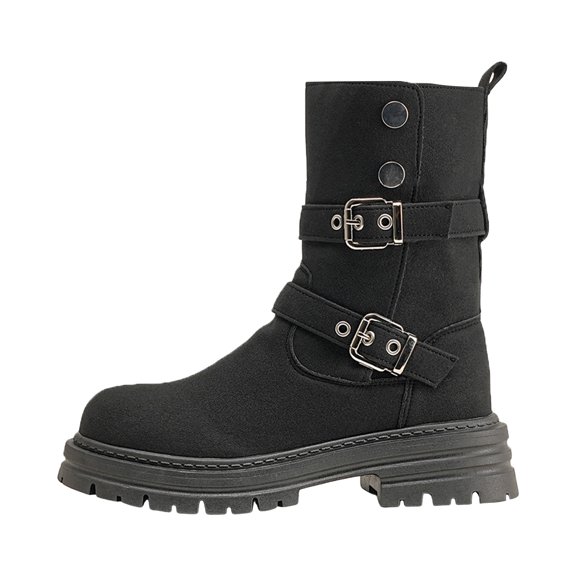 Women's Slip On Black Mid Calf Combat Boots Fashion Belt Buckle Wide Calf Riding Platform Booties