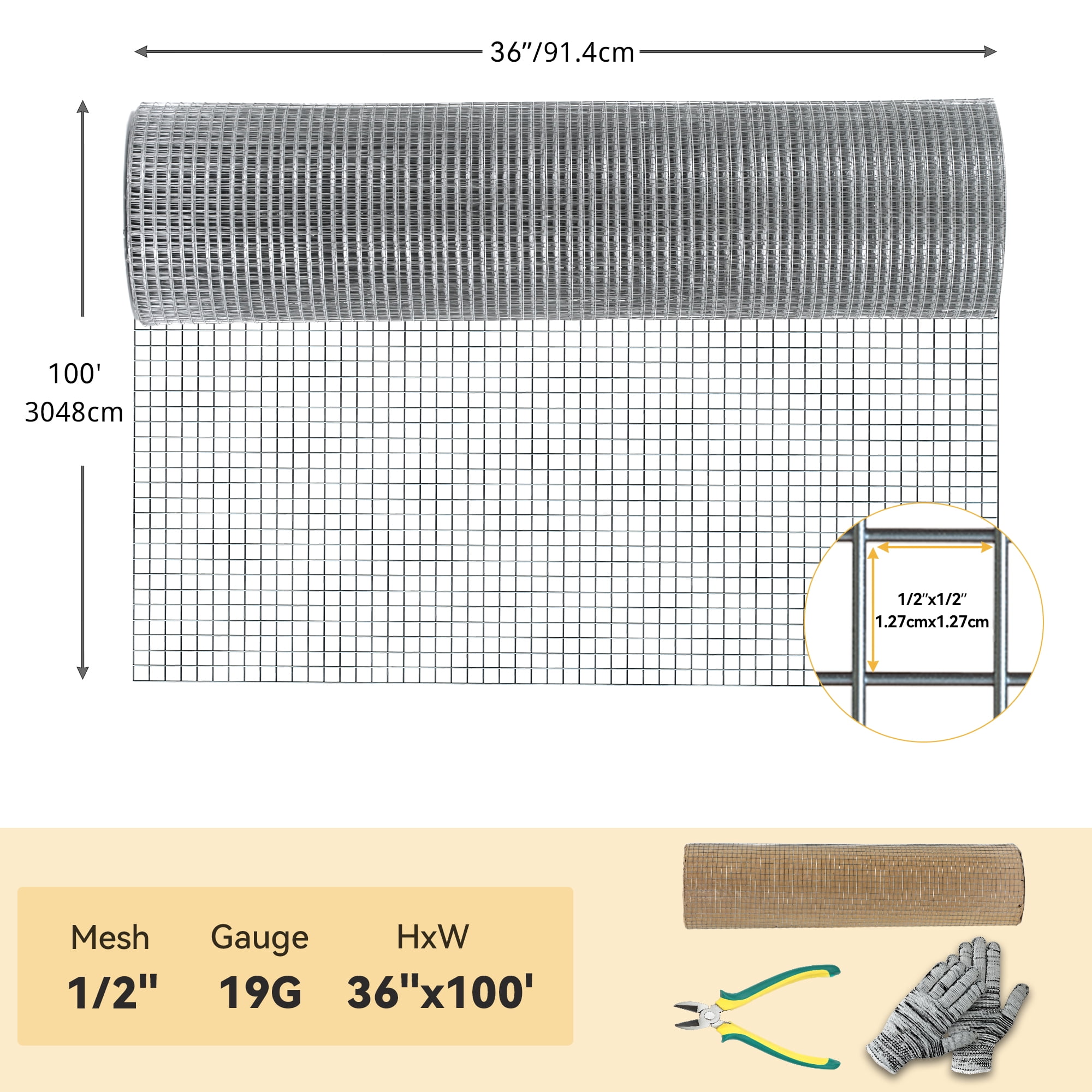 Dextrus Hardware Cloth 36inch x 100ft Galvanized Wire Mesh, 1/2 inch 19 Gauge Chicken Wire Fencing Roll