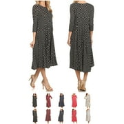 MOA Collection Women's Loose Fit Scoop Neck 3/4 Sleeve Polka Dot Patterned A-Line Midi Dress
