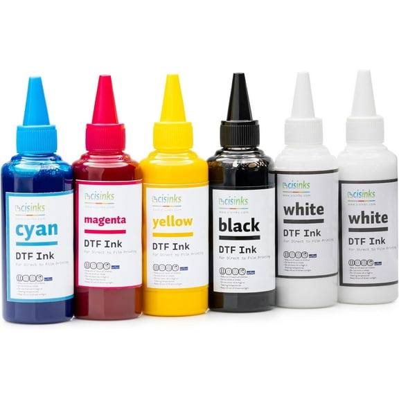 CISinks Premium Large DTF Ink Bottle Bulk Refill Set 600ML (100ml x 6, CMYK 2X Wh) - Direct to Film Heat Transfer Printing, Conversion Kit, Compatible w/DTF Film Cyan/Magenta/Yellow/Black/2x White