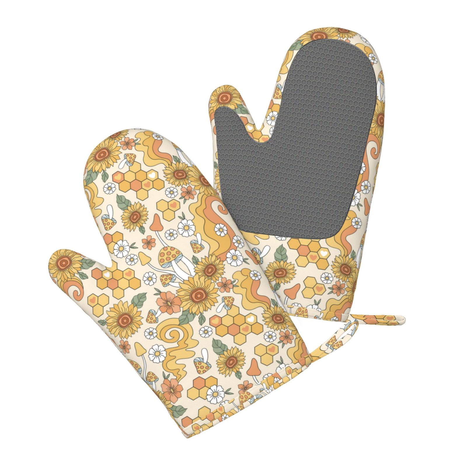 Hirioo Retro 70s 60s Flower for Silicone Oven Mitts for BBQ, Baking, Cooking, Set of 2, Heat Resistant 260℃, Non-Slip Kitchen Essentials