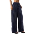 thumbnail image 2 of Women's Striped High Waist Drawstring Wide Leg Loose Casual Trousers with Pockets Navy Blue L, 2 of 9