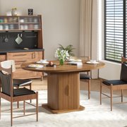 Extendable Round Dining Table for 4–8, 59 Modern Kitchen Table with Storage & Fluted Wood Sliding Door, Walnut