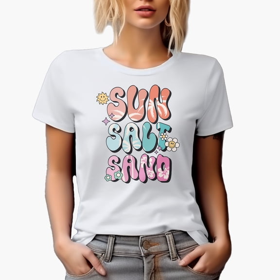 Sun, Salt, Sand, 90s Retro Summer Groovy Text Art Merch Gift, White T-Shirt, Small