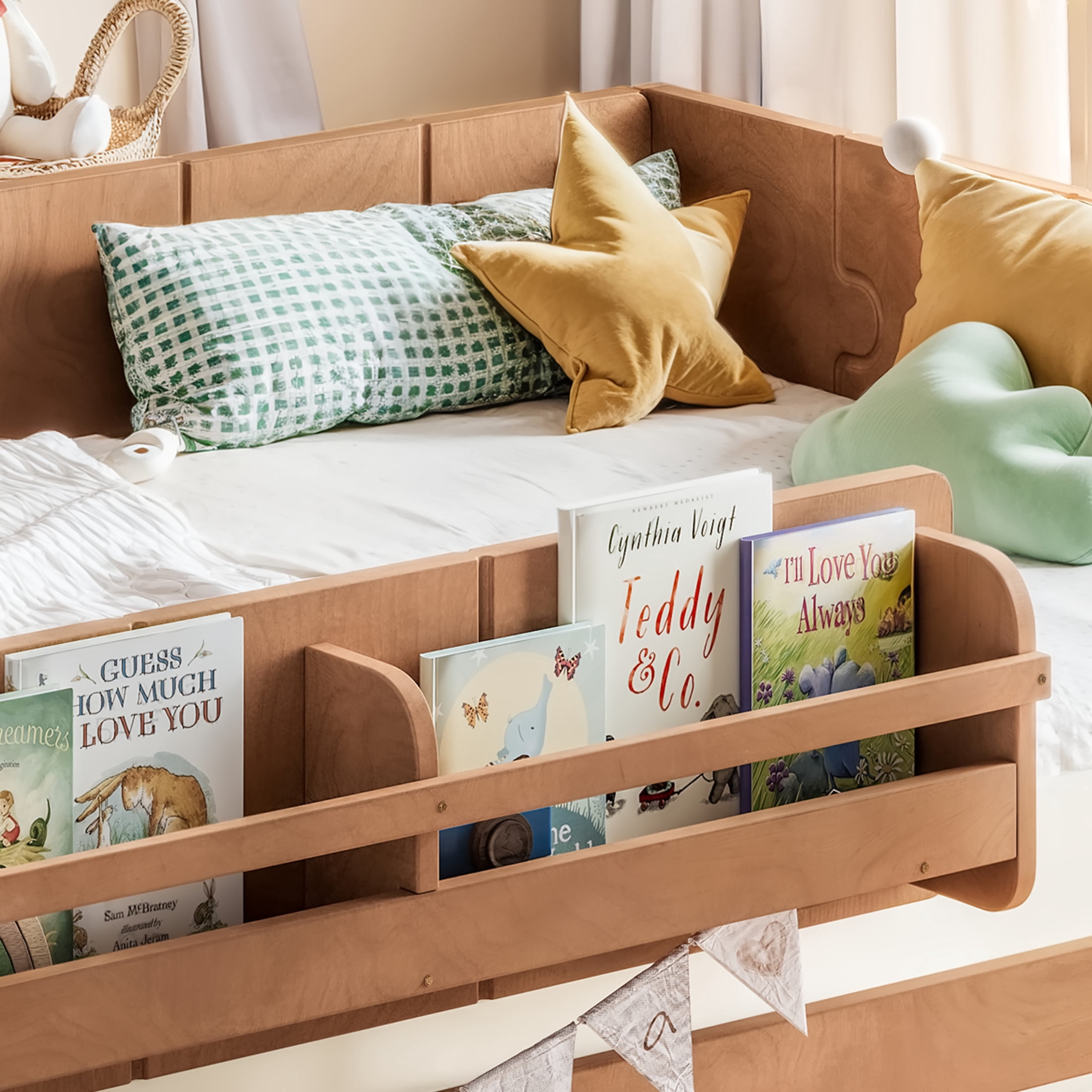 GDF Studio Twin Size Montessori Floor Bed with Guardrails & Bookshelves, Building Block Design, Beige+Brown
