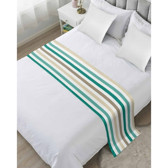 Xipuska Teal Brown Stripe Bed Runners for King Size Bed, Decorative Bed Throws for Foot of Bed, Gradient Geometric Vertical Striped Bed Runner Sofa Throw Bedding Scarf Protector Slipcover for Bedroom