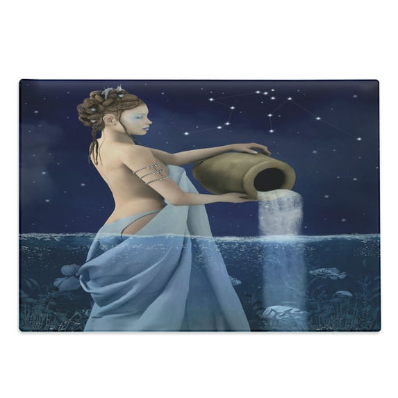 Astrology Cutting Board, Aquarius Lady with Pail in the Sea Water Signs Saturn Mystry at Night Stars, Decorative Tempered Glass Cutting and Serving Board, Large Size, Blue Dark Blue, by Ambesonne