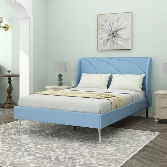 Full Size Platform Bed Frame, Upholstered Bed Frame with Padded Headboard and Metal Legs, Metal Platform Bed Frame for Kids Adults Bedroom, No Box Spring Needed, Easy Assembly, Light Blue