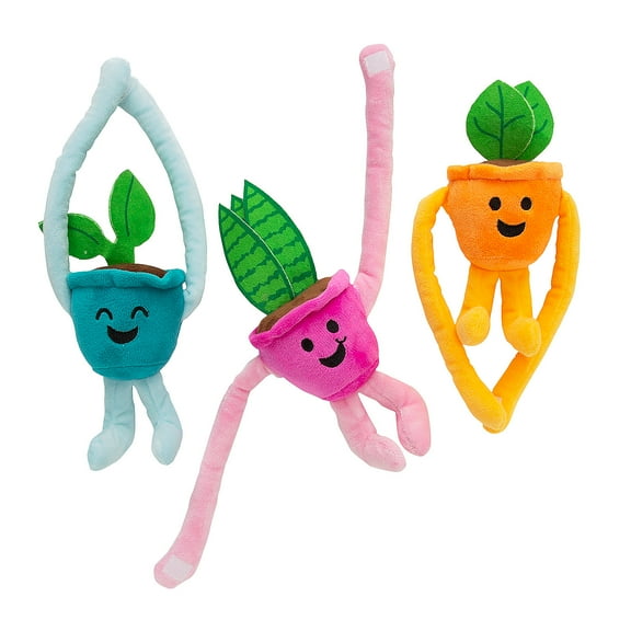 Fun Express 11" Long Arm Stuffed Blue, Orange & Pink Potted Plant Toys - 12 Pieces