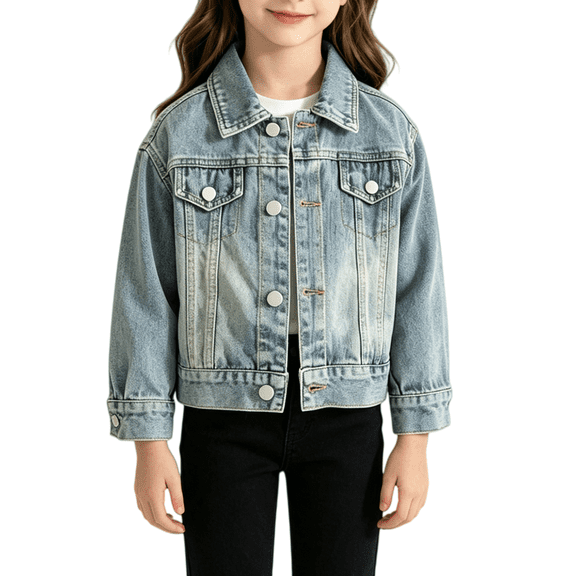 EnJoCho Jean Jacket For Girls Collared Long Sleeve Button Front Denim Jacket Kids Casual Washed Soft Jean Coat Outerwear Clothes 2-14Y Children’S Long Sleeve Jeans Jacket