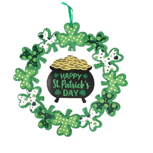 St. Patrick's Day Shamrock Wreath with Happy St. Patrick Day Sign, Glittery Clover Leaf Wall Decor for Home Window Indoor Outdoor Holiday Party Ornament Festive Decoration & CUSTOM Storage Carrier