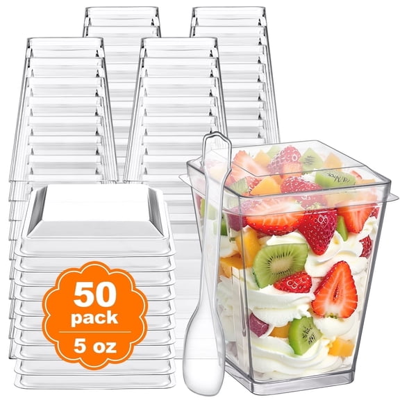 BagDream 5 oz Disposable Plastic Dessert Cups with Lids and Spoons, 50 Pack Mini Clear Parfait Appetizer Cups for Party Pudding Shooter