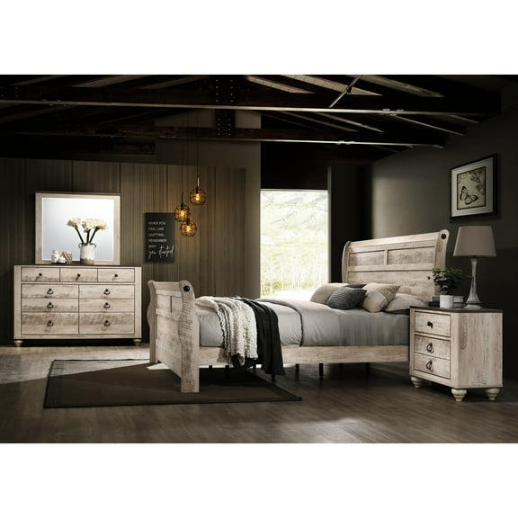 White Wash Finish Bedroom Suite: Queen , Dresser, Mirror, Nightstands - English Construction Contemporary Furniture : 2 Stylish Collection