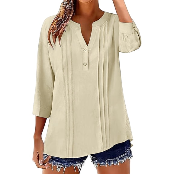Oplxuo 3/4 Sleeve Linen Tunic Tops for Women Dressy Pleated V Neck Loose Lightweight Summer Going Out Casual Blouse