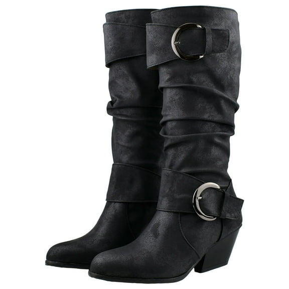 Leozcaa Womens Mid Knee High Boots Chunky Heel Slouchy Metal Buckle Fashion Winter Long Boots Shoes