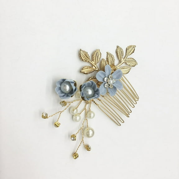 Nvzi-c Bridal Flower Wedding Hair Pins Crystal Pearl Hair Combs Clips Headpiece Gold Wedding Hair Accessories Jewelry with Rhinestone for Brides Bridesmaids Women (Blue)