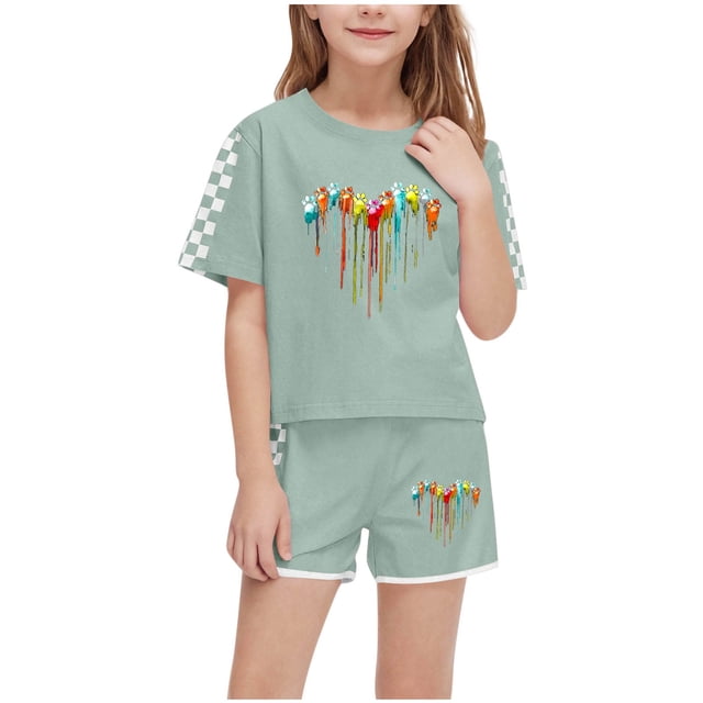 Économies d'Été! HVOBTTY Ensemble Décontracté 2 Pcs à Manches Courtes pour Filles, Ensemble de Mode Décontracté à Manches Courtes pour Garçons et Filles avec Col Rond, Boutons et Short Imprimé Vert Armée, 13 Ans