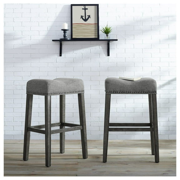 CoCo Bar Stools Set of 2, 29" Gray Saddle Seat - Upholstered Backless Counter Stools for Kitchen Island, Dining, Pub, Contemporary Wood Finish Gray   Wood