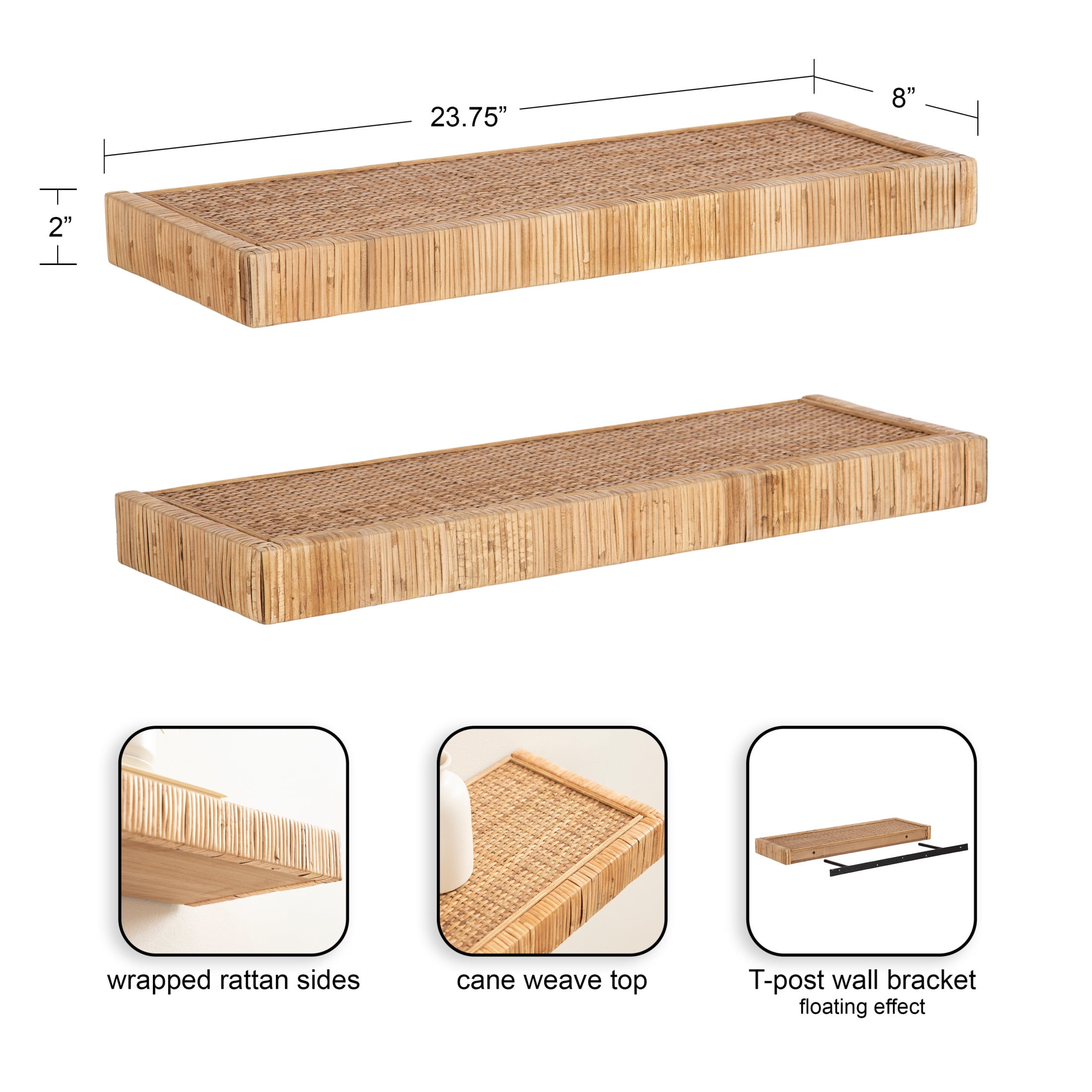 Kate and Laurel Rahmati Modern Rattan Floating Shelves, Set of 2, 24 x 8, Natural Rattan, Boho Bathroom and Kitchen Shelves for Above Toilet or Cute Nursery Bookshelves