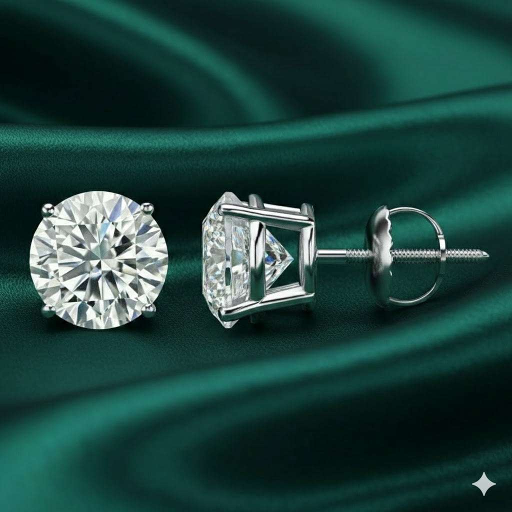 Brilliance Jewels 4 Prong Diamond Round Shaped Screw Back Stud Earrings For Women In 14K Gold Plating Over Silver