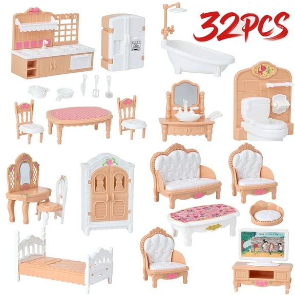 Yiliangx 32 Pcs Dollhouse Furniture Accessories Set Mini House Furniture Miniature Pretend Play Family House Kit Toys 1:12 Kitchen Bedroom LivingRoom Bathroom Boys Girls 3Y (B Set)