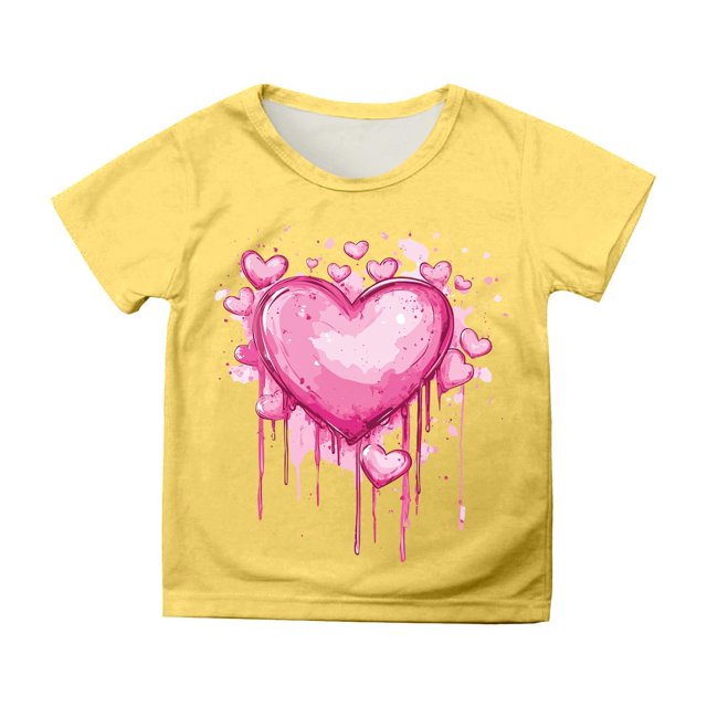 FAOWME T-Shirt à Manches Courtes pour Enfant Imprimé Cœur Col Rond Décontracté Jaune 4-5 Ans