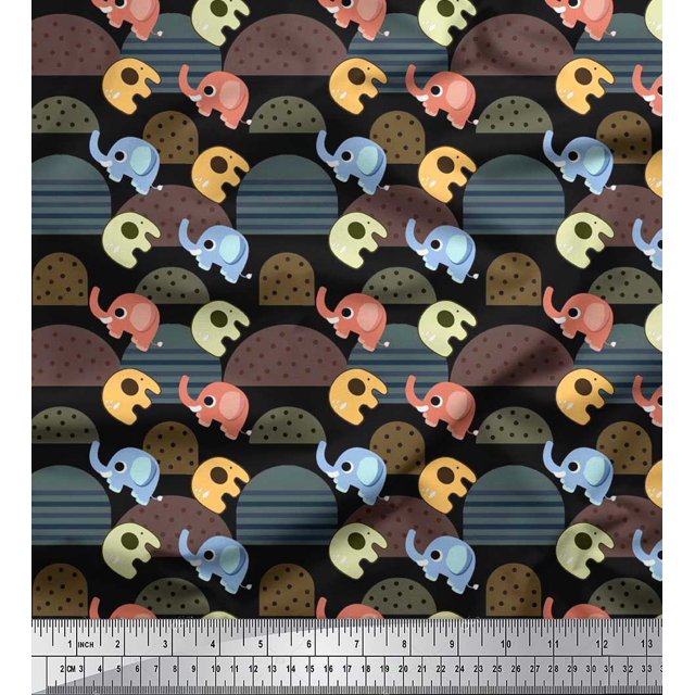 Soimoi Satin Silk Fabric Cute Elephant Kids Printed Fabric 1 Yard 42 Inch Wide