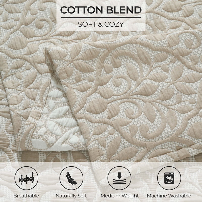 Superior Vineyard Cotton Blend Matelasse Coverlet, Throw, Beige