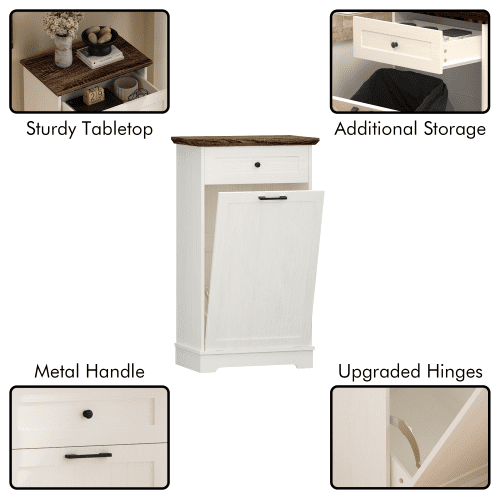 13 Gallon Tilt Out Trash Cabinet, Freestanding Wood Garbage Recycling Bin Cabinet with Drawer, Pet Proof Trash Can Holder for Kitchen Living Room, Antique White (Trash Can Not Included)