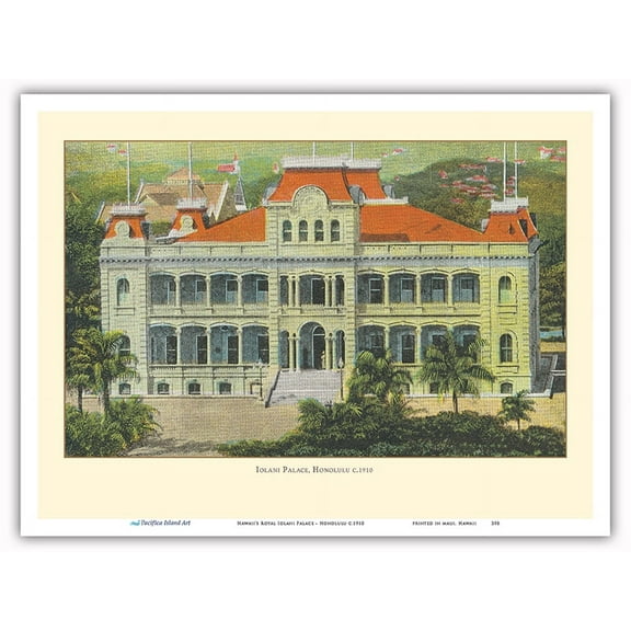 Hawaii’s Royal Iolani Palace - Honolulu - Vintage Hawaiian Color Postcard c.1910 - Master Art Print (Unframed) 9in x 12in