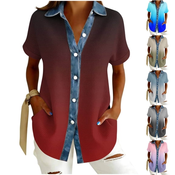 Hinvhai Shirt for Women Denim Patchwork Button up Collared Waffle Shirts Casual Loose Short Sleeve Wine XL(XL)