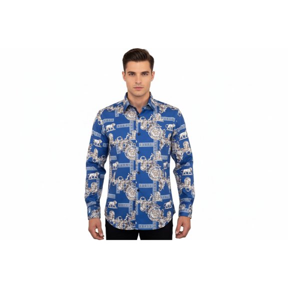 Men Sports Shirt by DE-NIKO Long Sleeves Fashion Print Soft Modal DSA125 Navy