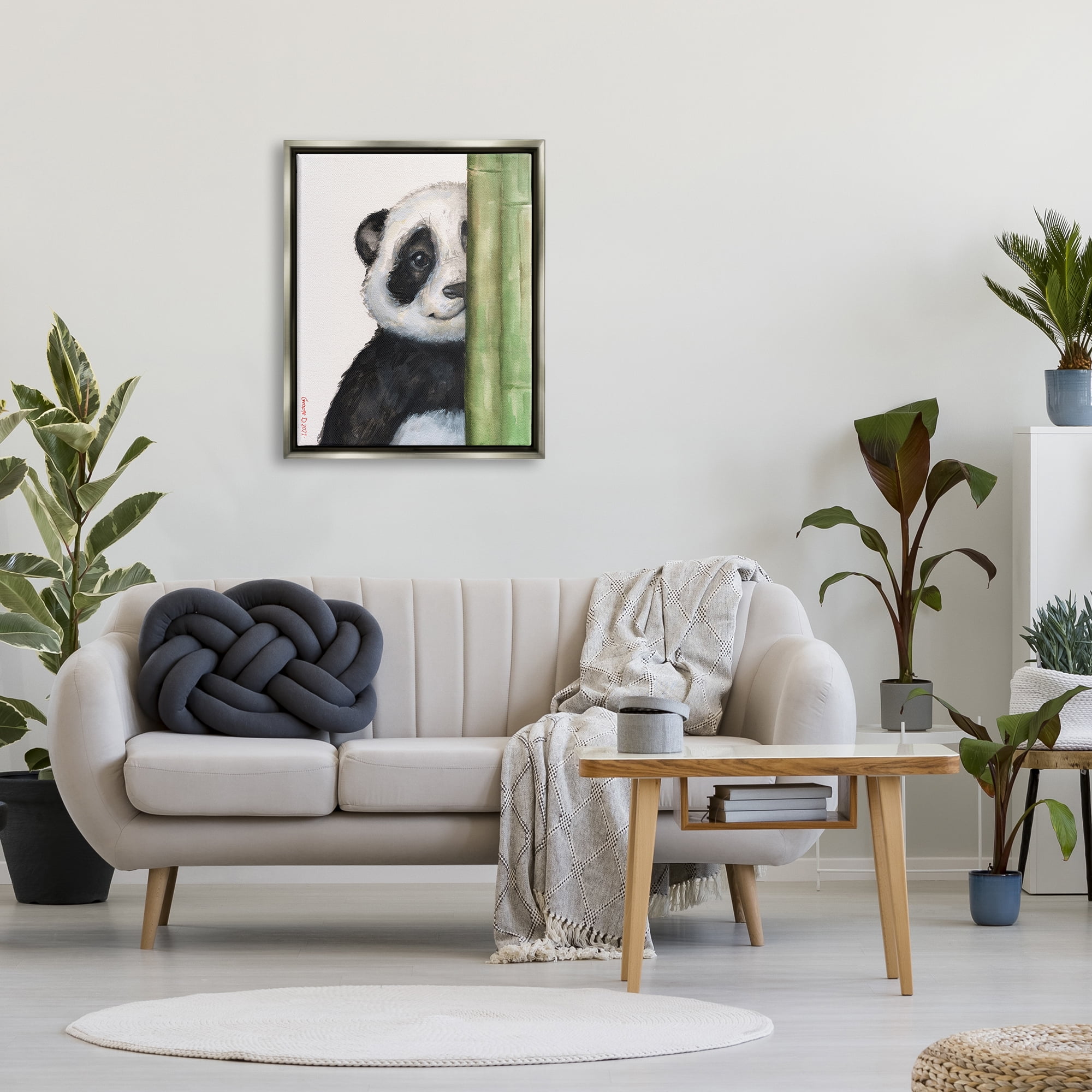 Stupell Industries Panda Bear Peering Around Bamboo Smiling Animal Painting Luster Gray Floating Framed Canvas Print Wall Art, Design by George Dyachenko