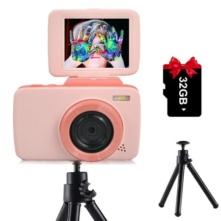 Yukistar Kids Camera, HD Digital Video Camera for Kids with Tripod 5 Games 32GB SD Card-Girl Gift for Age 3-8, Pink